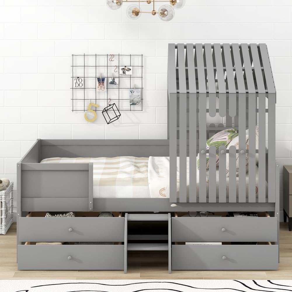 Gray Low Loft Bed with Four Drawers D65649