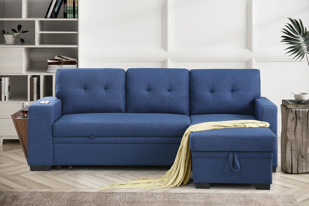 Blue L-Shaped Sectional Sleeper Sofa with Storage Chaise and Pull-Out Bed O1669