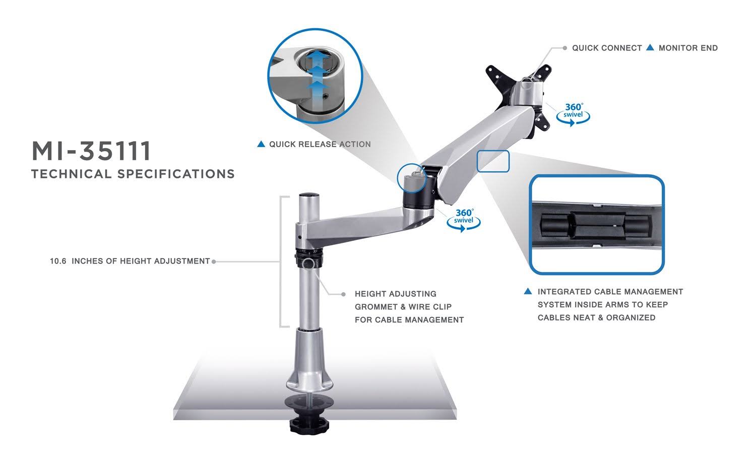 Silver Single LCD Monitor Desk Mount C2218