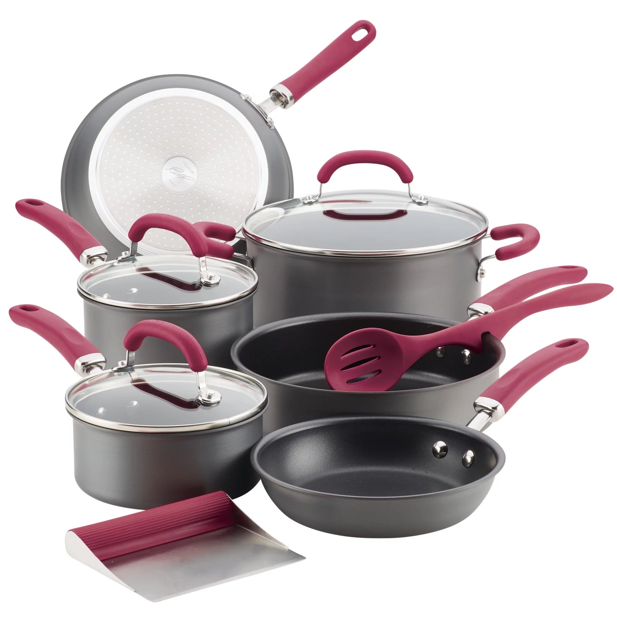 11 Piece Nonstick Pots and Pans Set, Burgundy Handles O666