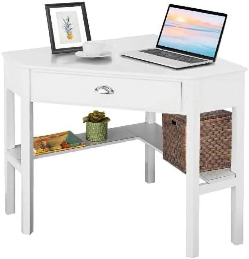 White Corner Desk with Drawer and Shelves A5612