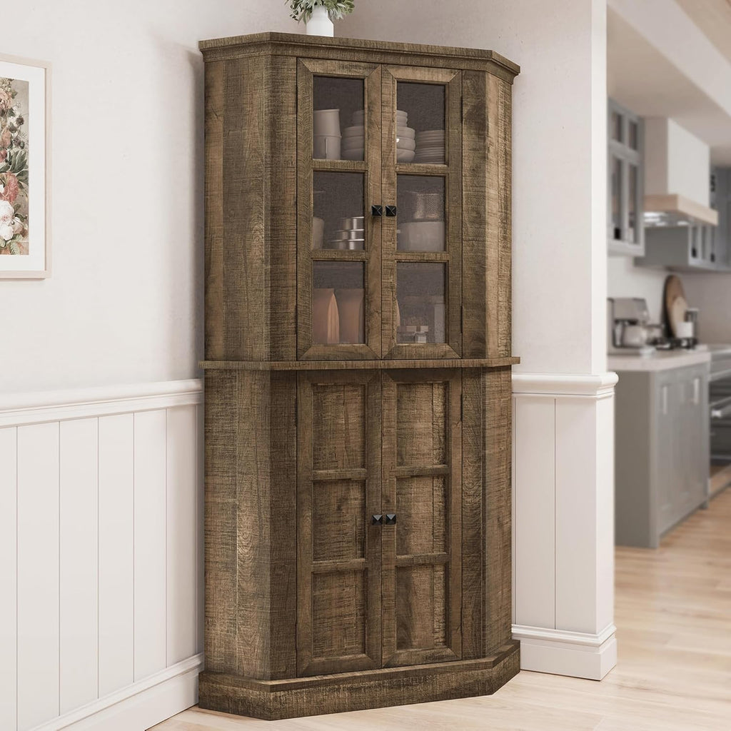 Rustic Brown Tall Corner Storage Cabinet with Glass Doors and Adjustable Shelves X59575