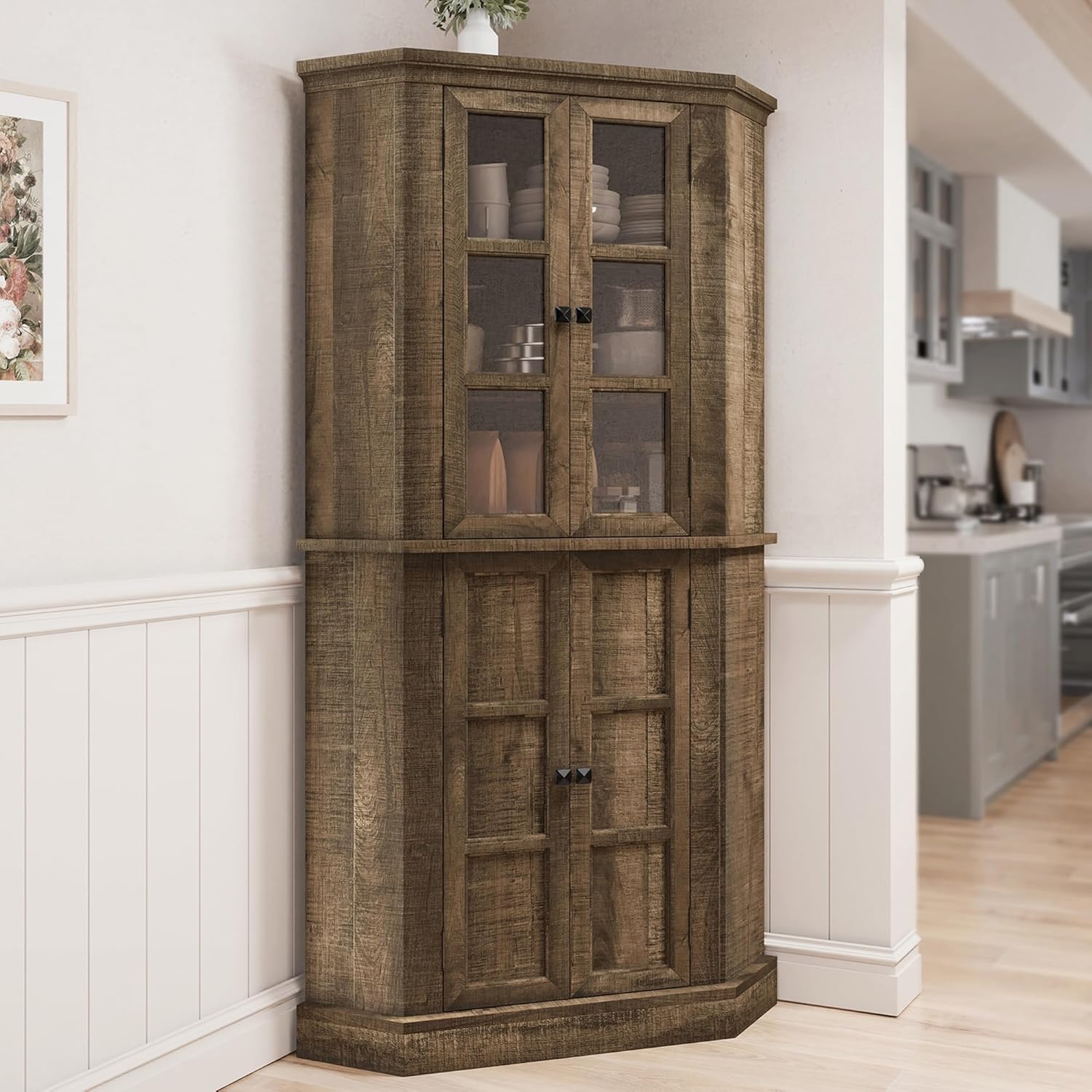 Rustic Brown Tall Corner Storage Cabinet with Glass Doors and Adjustable Shelves X59575