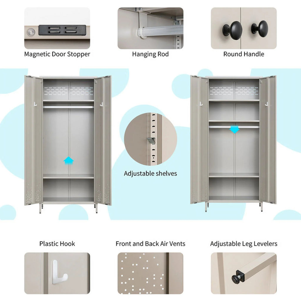 Gray Metal Storage Wardrobe Cabinet with Adjustable Hanging Rod M496