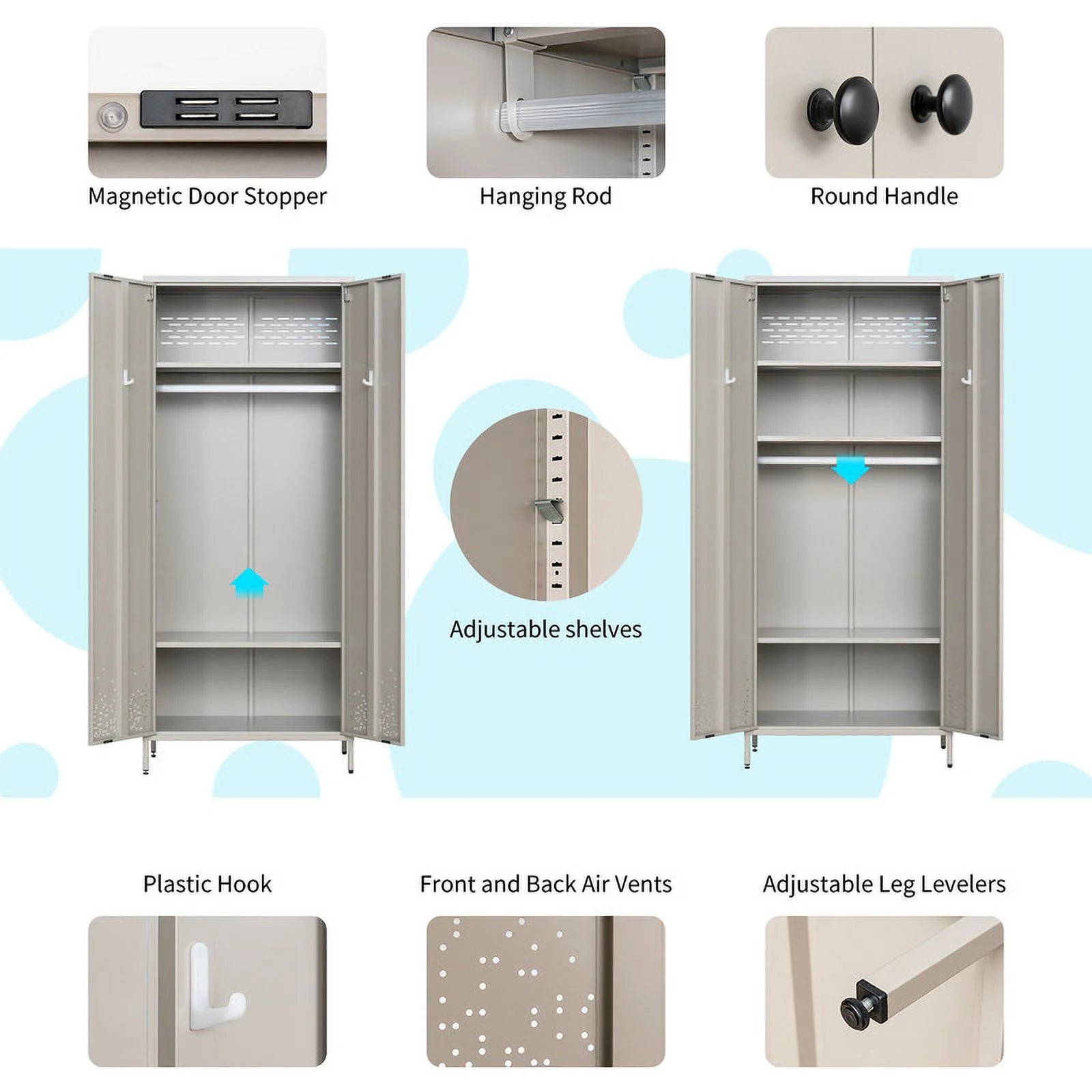 Gray Metal Storage Wardrobe Cabinet with Adjustable Hanging Rod M496