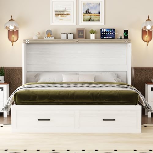 White Queen Size Murphy Bed with Storage Drawer T599603