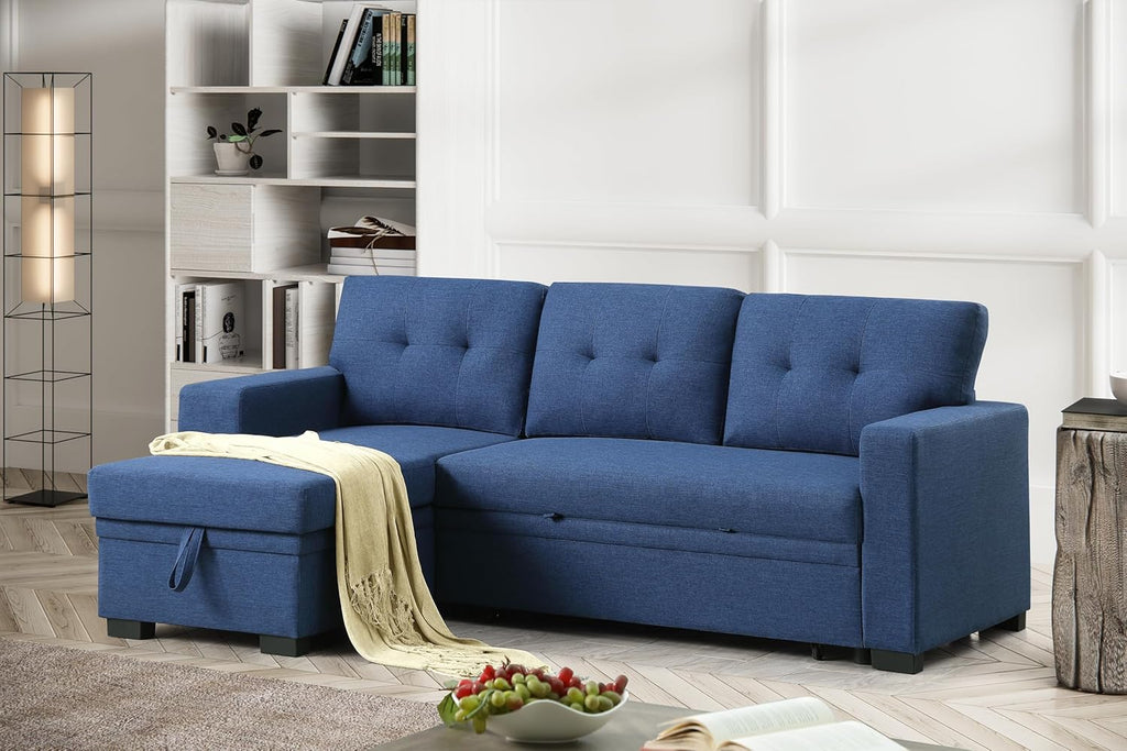Blue L-Shaped Sectional Sleeper Sofa with Storage Chaise and Pull-Out Bed O1669