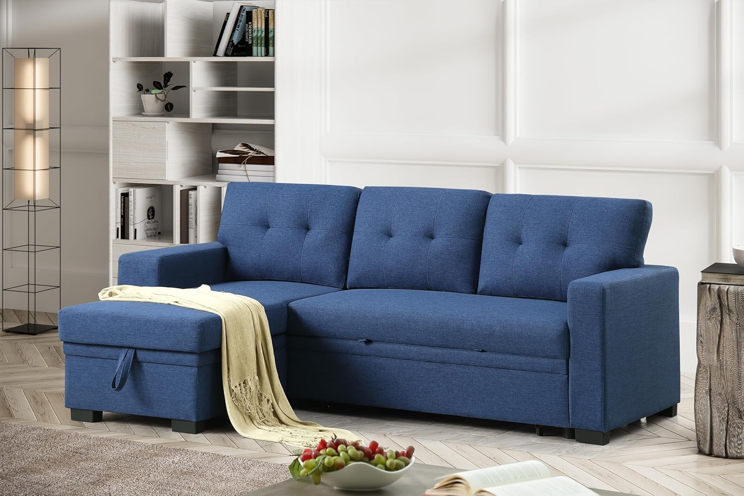 Blue L-Shaped Sectional Sleeper Sofa with Storage Chaise and Pull-Out Bed O1669