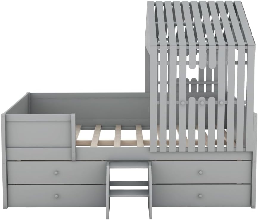Gray Low Loft Bed with Four Drawers D65649