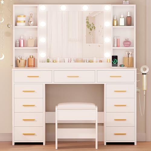 White Vanity Desk with Mirror and Lights 11 Drawers 9 Shelves Vanity Table with Stool U662
