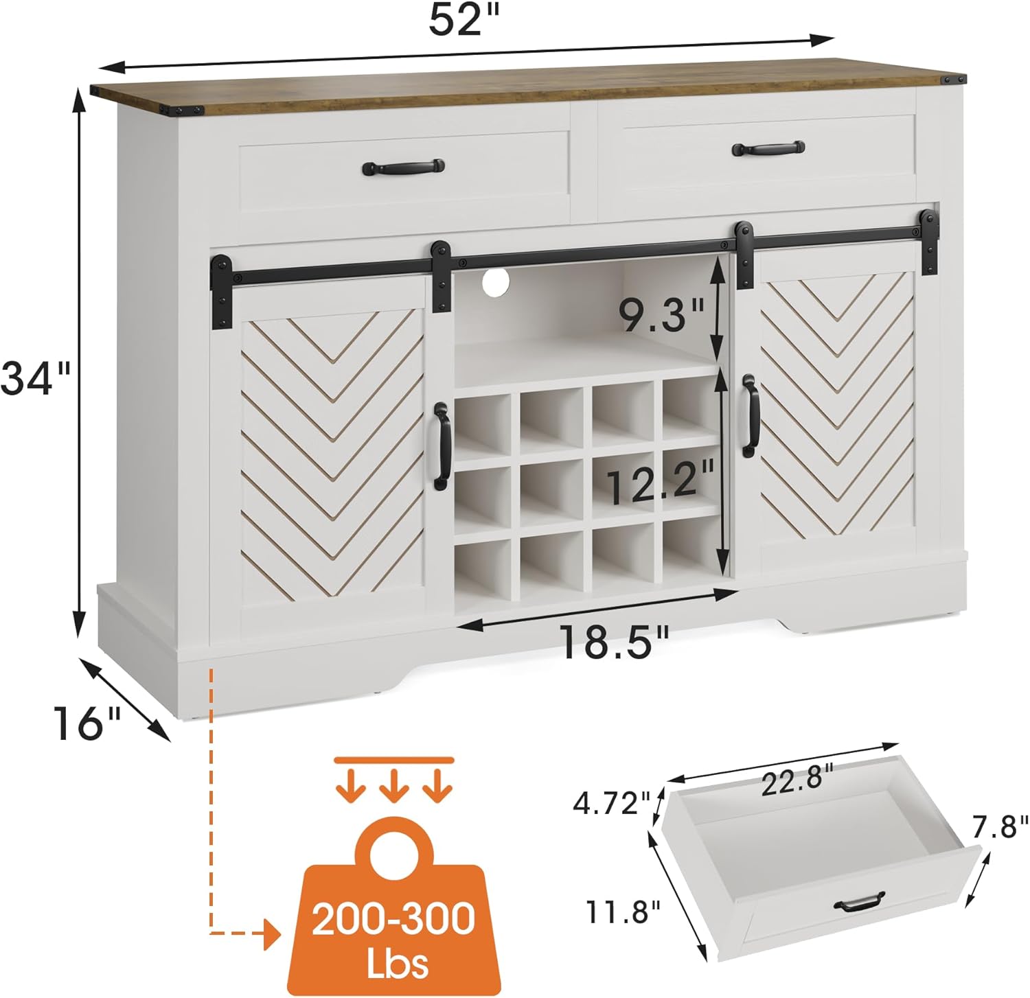 White & Oak Sideboard Cabinet with Sliding Barn Door, 3 Drawers L380