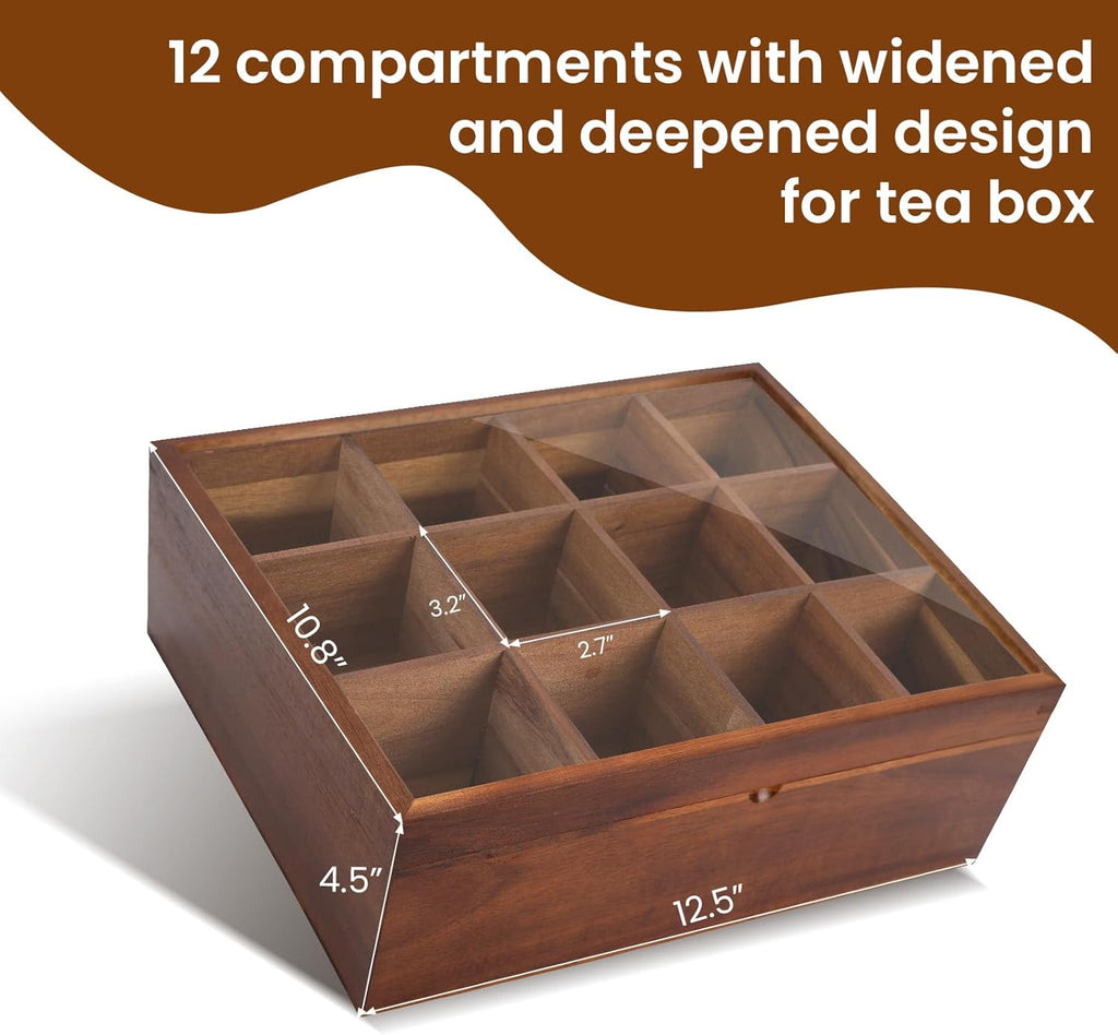Acacia Wooden Tea Bag Organizer with 12 Compartments and Clear Acrylic Top Window I1543