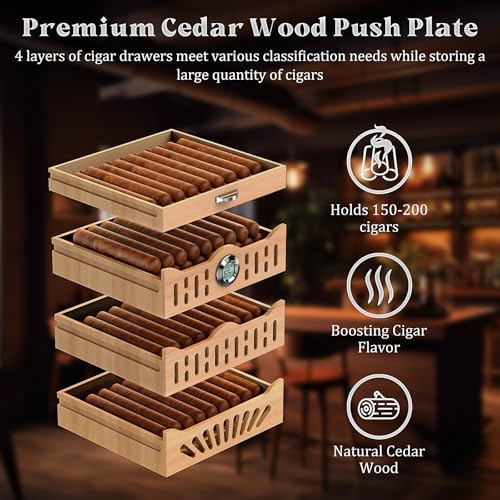 Glass top Cigar Humidor Cabinet with Spanish Cedar Tray, Digital Hygrometer（Black） K7278