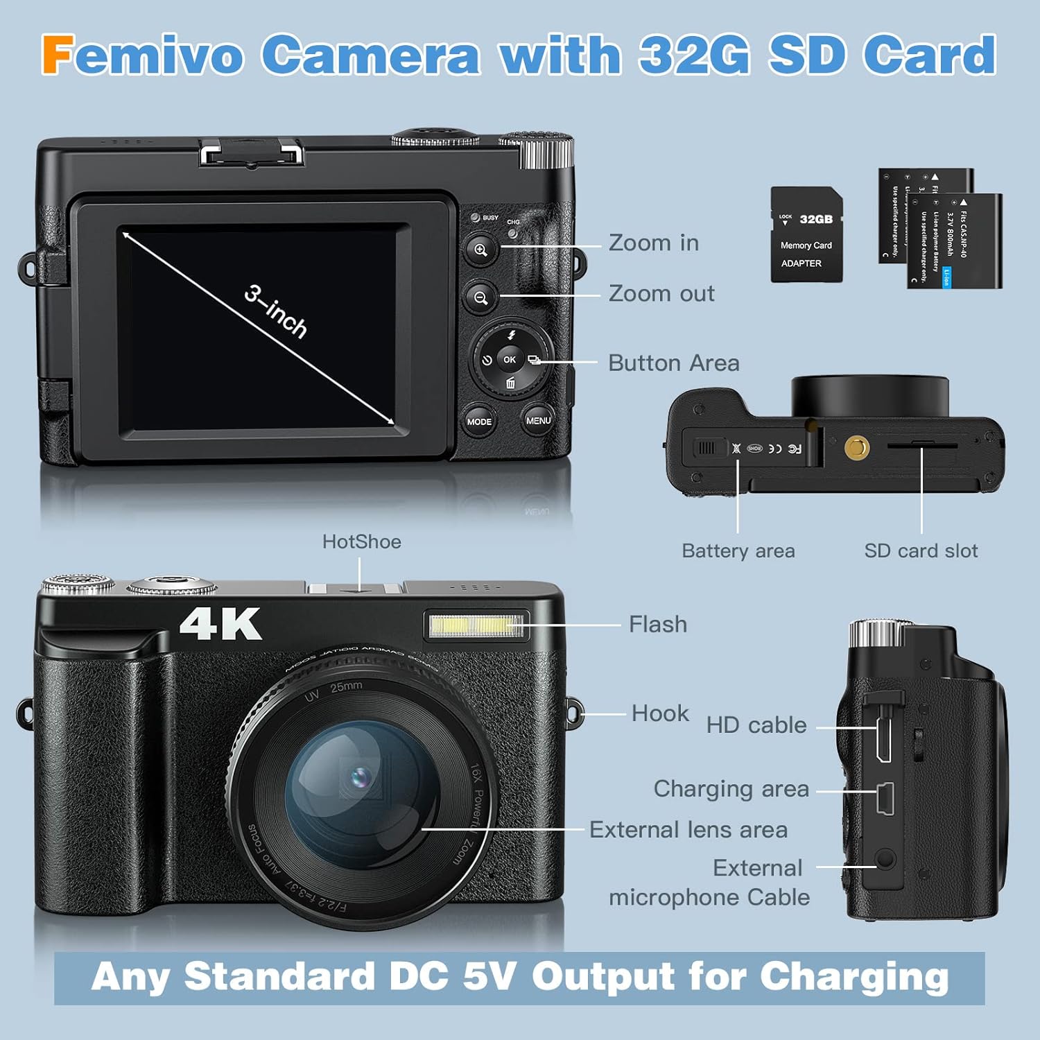 48MP 4K Digital Camera with 16X Digital Zoom, 3'' Flip Screen, Flash, SD Card, 2 Batteries V71025