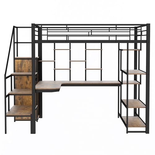 Black Metal Loft Bed with Desk and Stairs X603