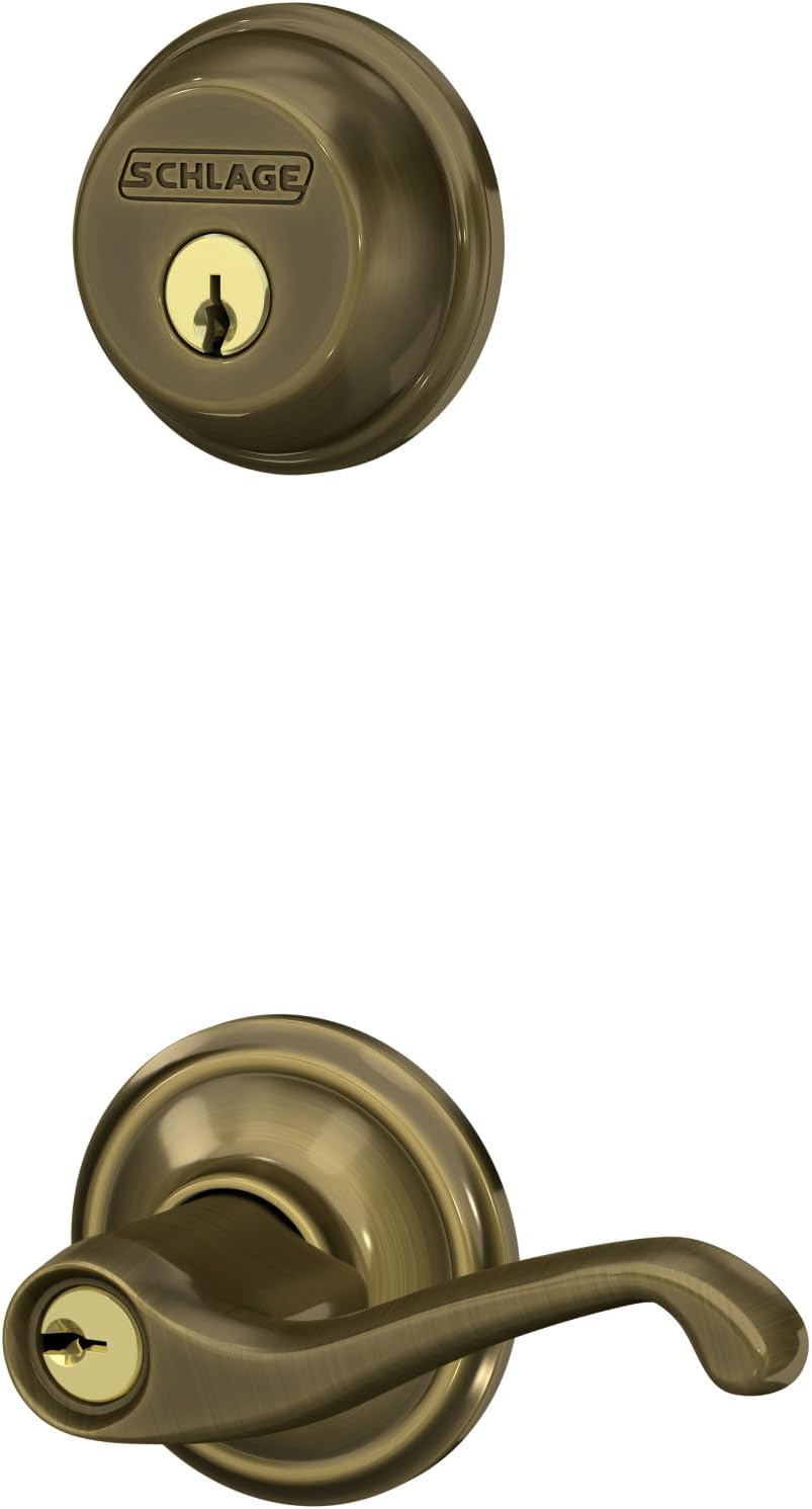 Antique Brass Single Cylinder Deadbolt and Keyed Entry Lever X67571