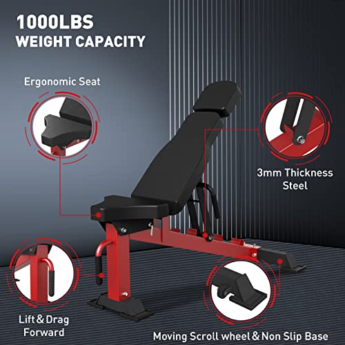 Folding Wall Mounted Squat Rack, 1000 Pounds Capacity Power Rack with Weight Bench, Pull Up Bar, J Hooks T69419