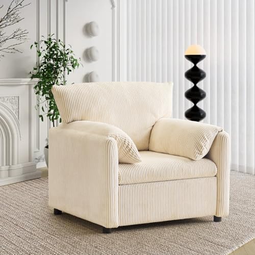 Corduroy Single Sofa Chair with Side Pocket Oversized Armchair (Beige) W342
