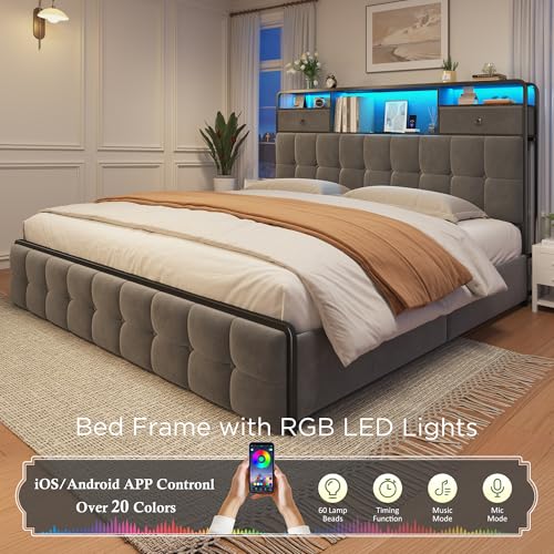 King Size Bed Frame with 4 Storage Drawers and LED Lights, Grey W31210