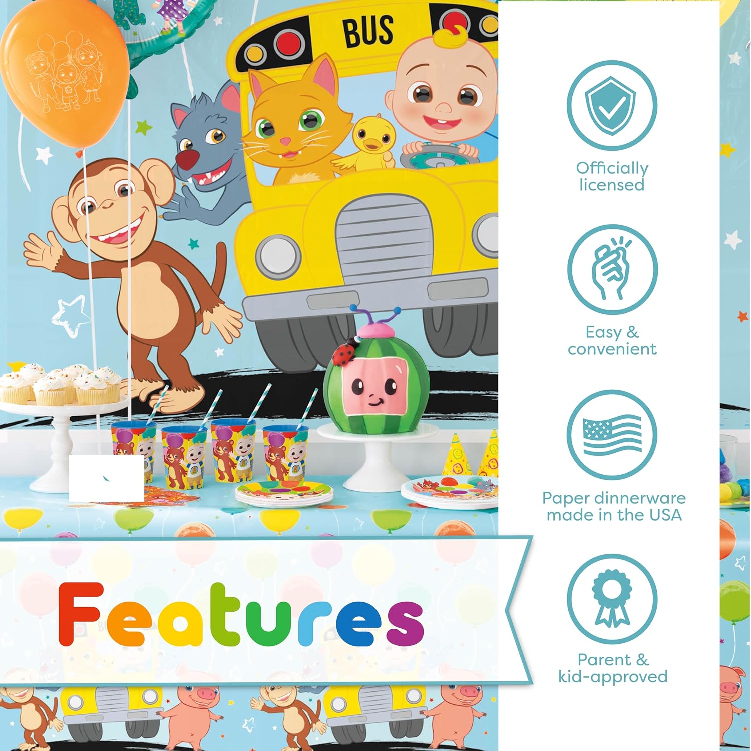 CoComelon Party Supplies Backdrop Balloons Tablecloth Plates Napkins Forks Sticker F5906