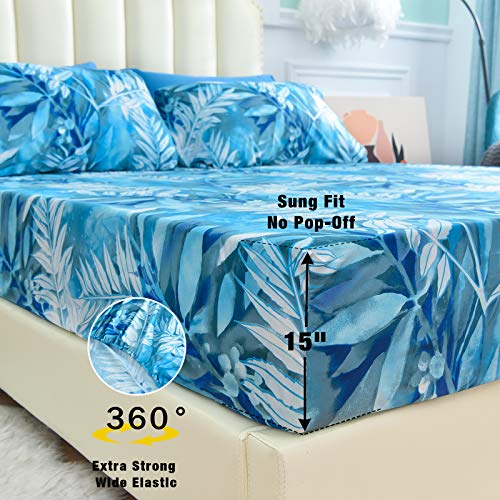 Mint Green Floral Printed Queen Size 6 Piece Microfiber Bed Sheet Set L194