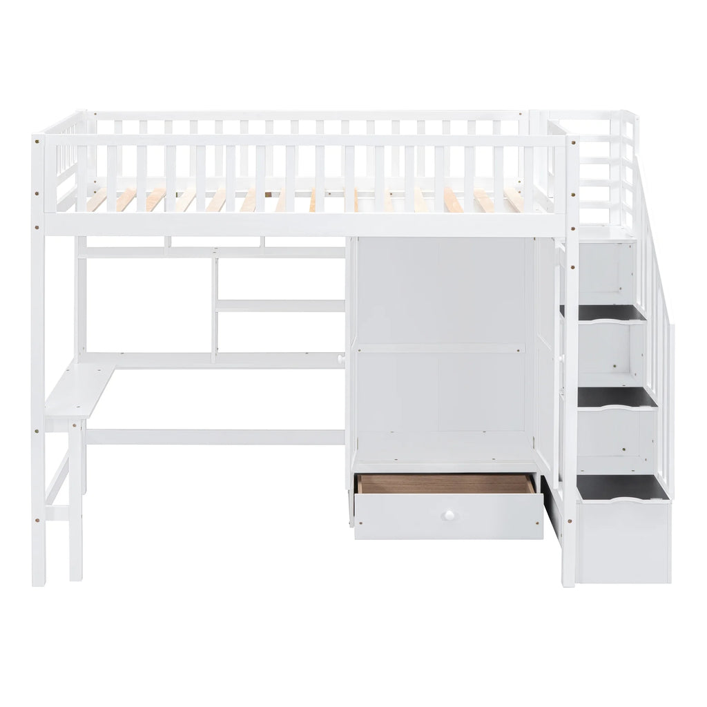 Twin Size Wood Loft Bed with Stairs and Wardrobe N56145