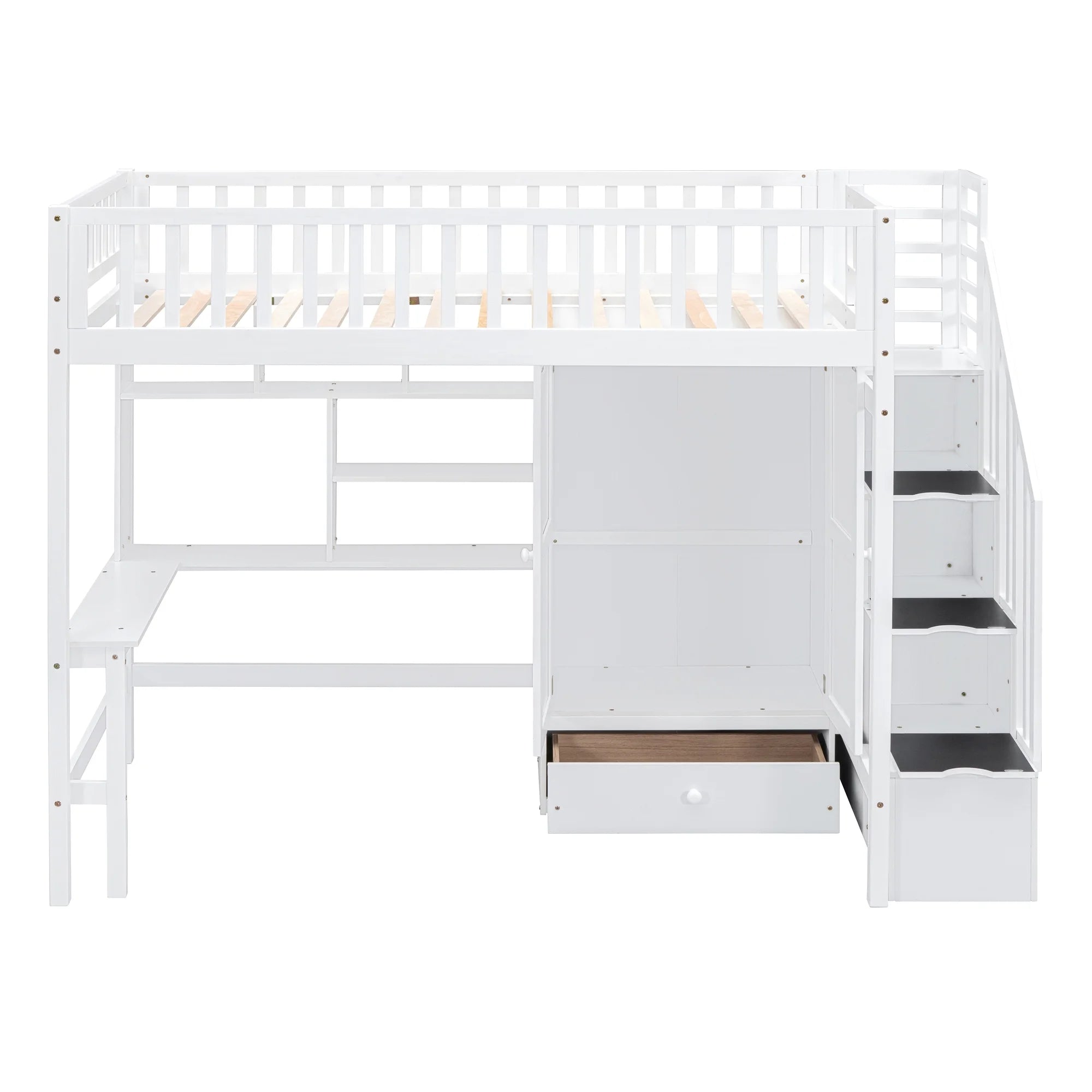 Twin Size Wood Loft Bed with Stairs and Wardrobe N56145