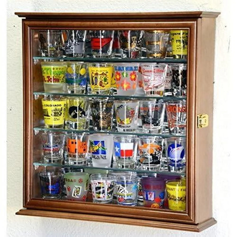 Walnut Adjustable Shelves Shot Glass Display Case with Mirror Back B8372