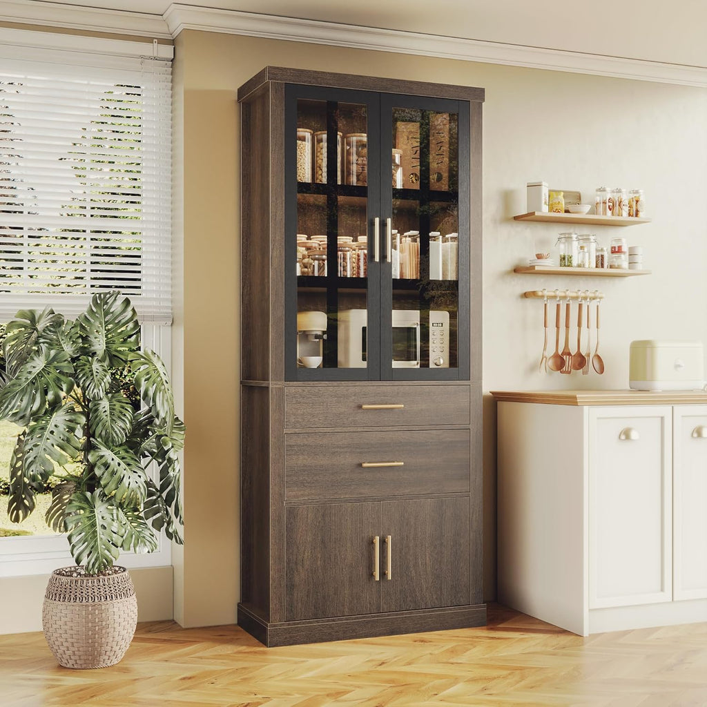 75.6" Tall 4 Door Adjustable Shelves Kitchen Pantry Cabinet Walnut A569