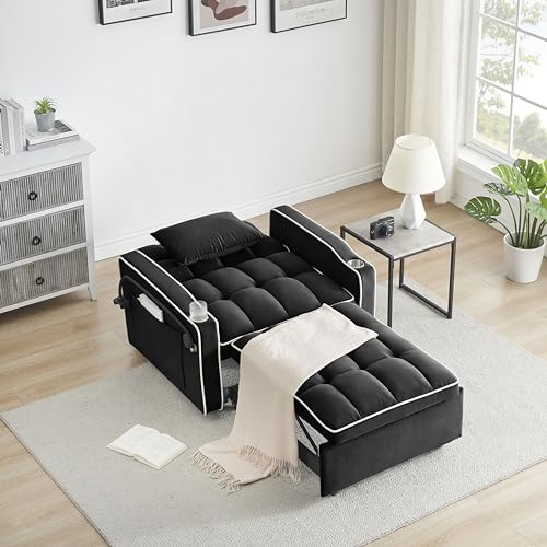 Creamy White Convertible Sleeper Sofa Chair with Cup Holder U630491