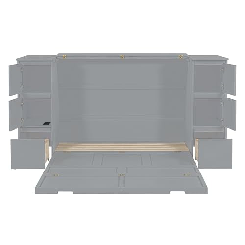 Gray Wood Murphy Bed with Drawers and Cabinets Q458565