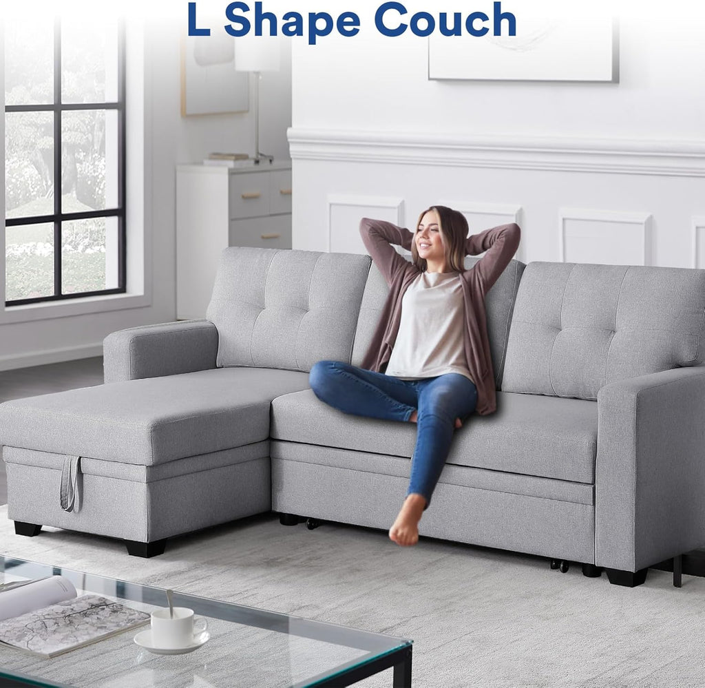 Light Gray L Shaped Couch with Pull Out Bed and Storage Sectional Sleeper Sofa Z5907