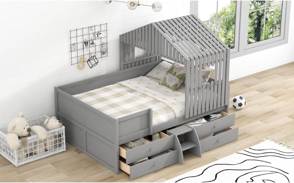 Gray Low Loft Bed with Four Drawers D65649
