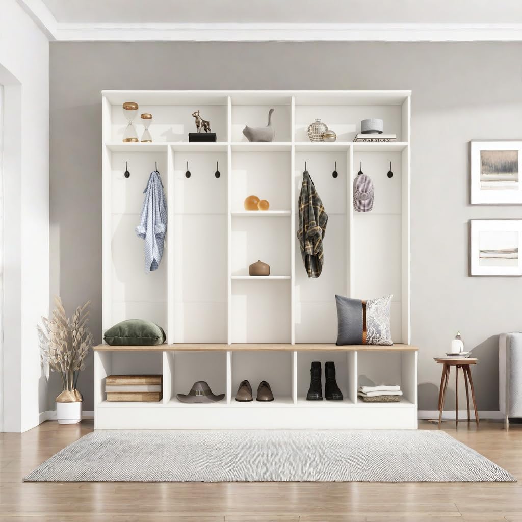 White Coat Rack with 8 Hooks and Storage Bench W4924