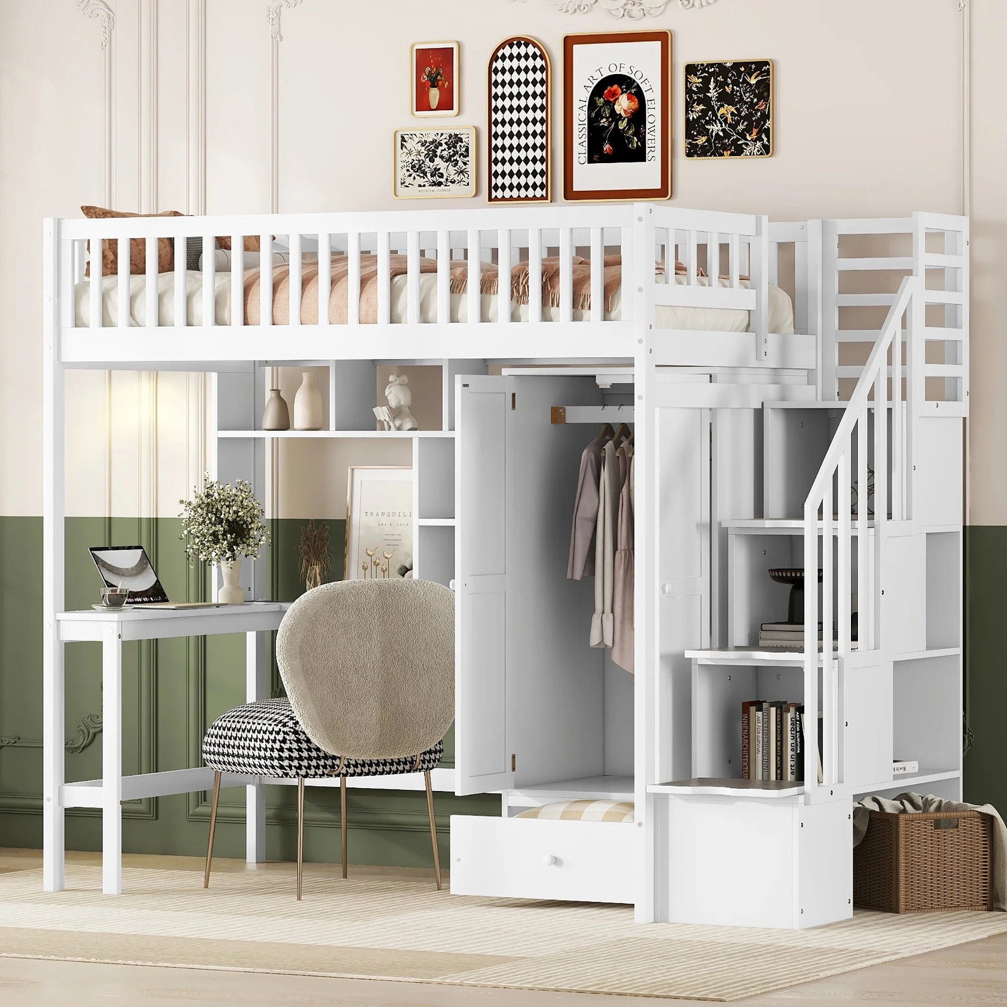 Twin Size Wood Loft Bed with Stairs and Wardrobe N56145