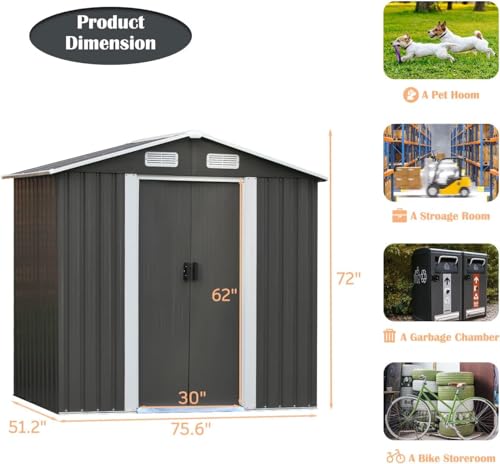 8 x 6FT Grey Metal Outdoor Storage Shed with Sliding Door I816333