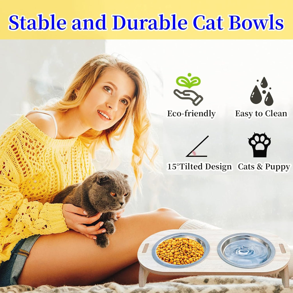 15° Tilted Raised Stainless Steel Cat Bowls with Wood Stand G593