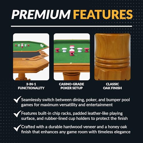 Oak 3 in 1 Octagon Poker Table with Bumper Balls, Cues, Chalk, Brush L73313