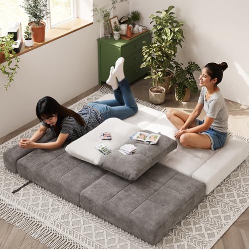 White Chenille Folding Sofa Bed with Headrest & Lumbar Pillow F278