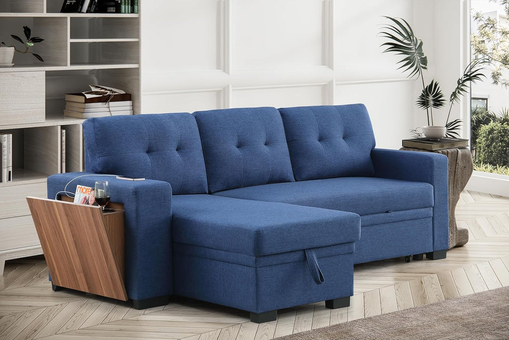 Blue L-Shaped Sectional Sleeper Sofa with Storage Chaise and Pull-Out Bed O1669