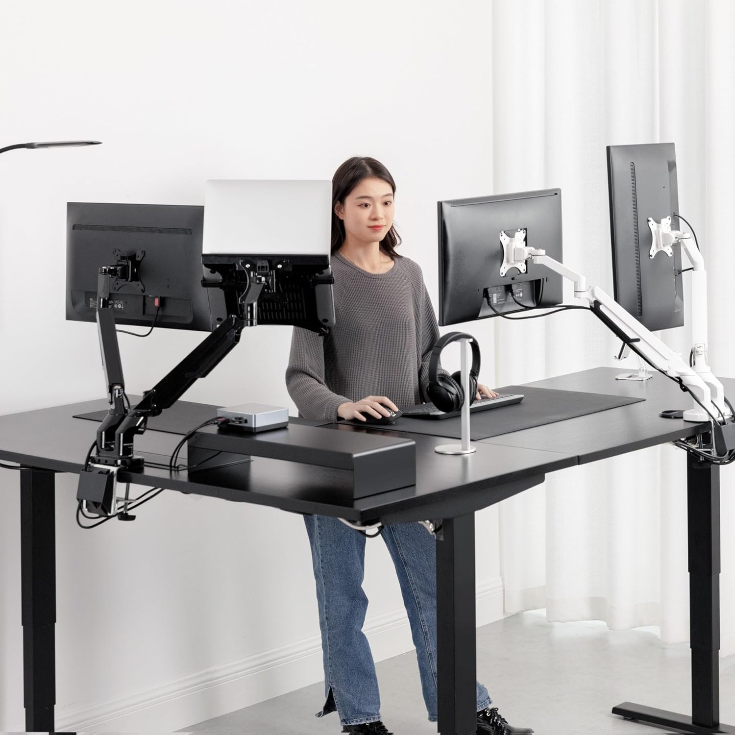 78" x 60" Electric Height Adjustable L Shaped Standing Desk with Black Frame, Light Walnut E249062