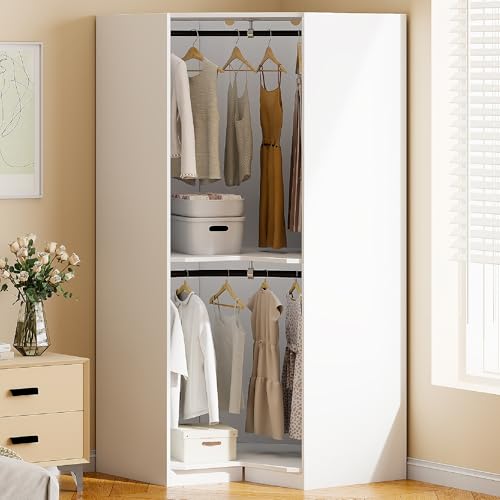 Natural Polygon Wooden Corner Wardrobe Closet with 2 Hanging Rails & Shelves P836785