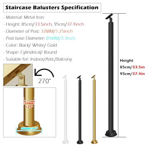 Round Spindles for Staircase, 2 4 6 Pieces Iron Stairs Balusters with Slant 270° Swivel Top Bracket & Screws G6645
