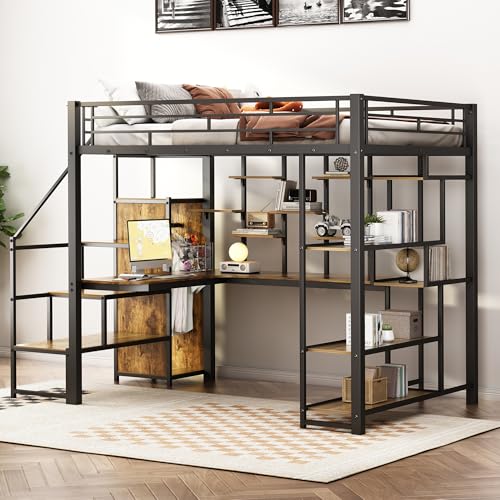 Black Metal Loft Bed with Desk and Stairs X603