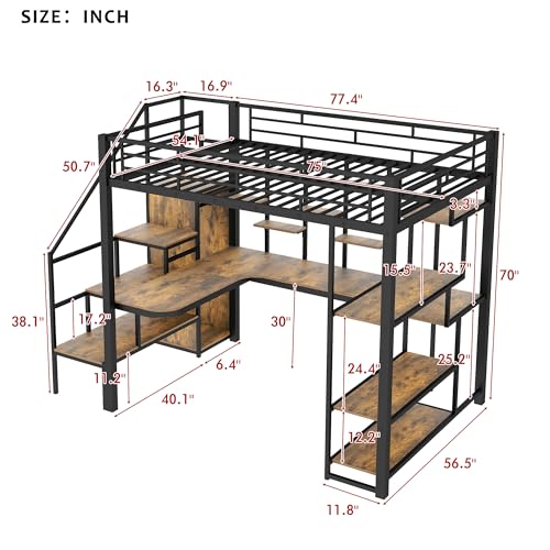 Black Metal Loft Bed with Desk and Stairs X603
