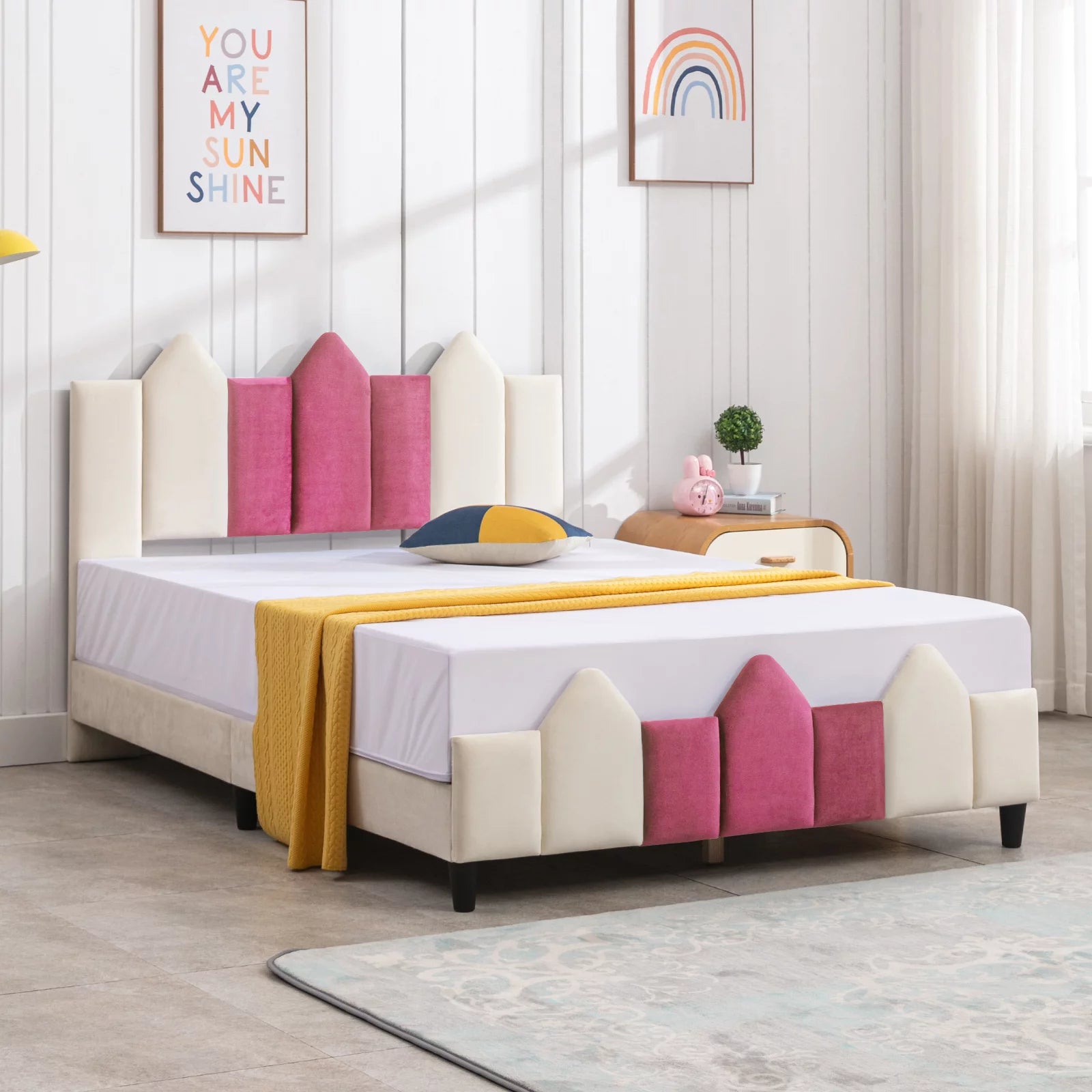 Pink Full Wood Upholstered Bed Frame with Headboard P504593