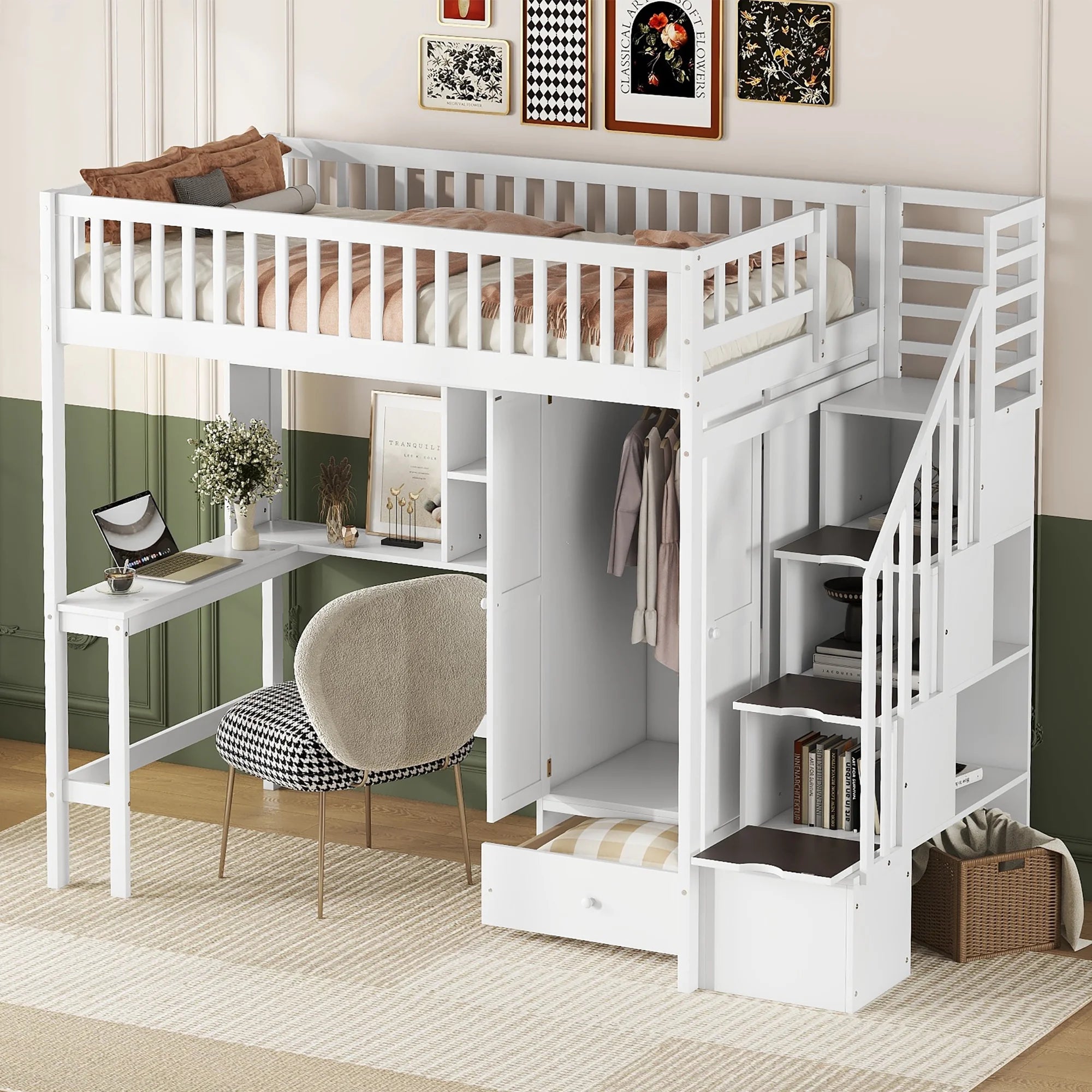 Twin Size Wood Loft Bed with Stairs and Wardrobe N56145