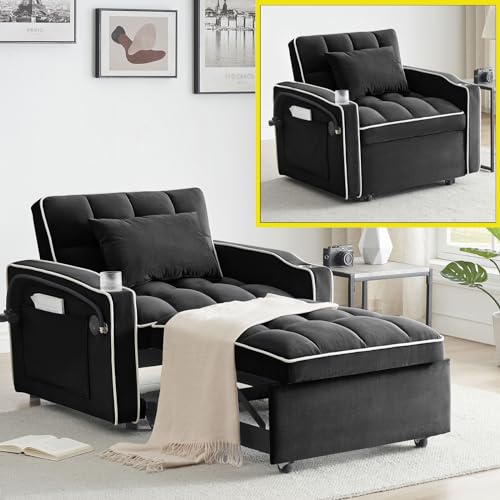 Creamy White Convertible Sleeper Sofa Chair with Cup Holder U630491