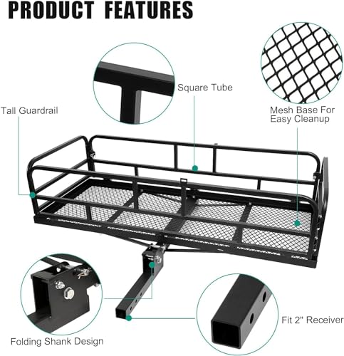 60 x 24 x 14 Inch Black Folding Hitch Mount Cargo Carrier with 500 lbs. Capacity J8559