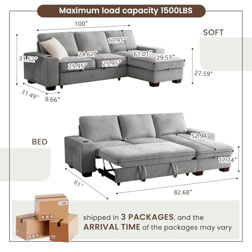 99" Convertible Sleeper Sofa Bed L Shaped with Storage Chaise Pull Out Couch Chenille Covers (Gray) N267449
